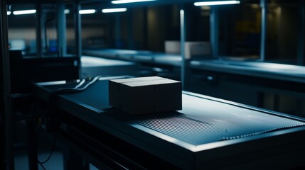 Naklejka premium Cardboard box moving on automated conveyor belt in modern distribution warehouse, representing efficient logistics and delivery process