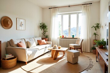 Fototapeta premium Cozy minimalist living room with natural light, modern decor, and indoor plants for relaxing ambiance.