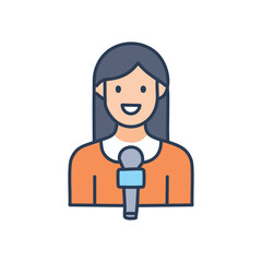 Woman interview icon. Smiling female reporter, microphone, broadcasting, news, communication, cheerful, voice,  interview, conversation.