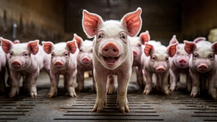 Group of pigs with one central pig standing in dim indoor pen