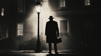 Mysterious man wearing a hat and a coat, holding a briefcase, is standing near a lit streetlamp on a foggy night in front of a house, creating a dramatic and cinematic scene