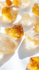 Close-up of natural tumbled citrine gemstones glowing under bright sunlight on white paper