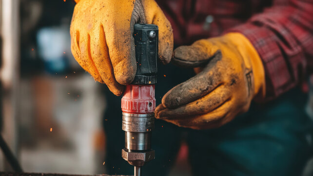 construction worker using power tool with anti vibration gloves, showcasing safety and precision in workshop environment. Sparks fly as tool operates effectively