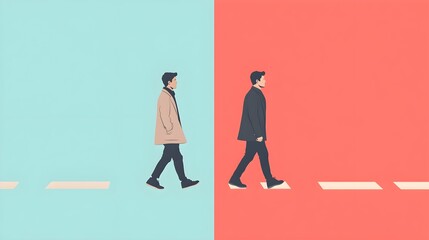 Fototapeta premium Two Men Walking In Opposite Directions On A White Line Divided By A Red And Blue Background