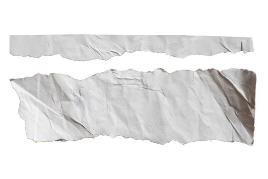 Wrinkled piece of torn long white paper with ragged edges