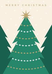 Christmas Card Design Template. Merry Christmas Greeting Card with Christmas Tree Illustration. Decorated Christmas Tree with Golden Lights or Tinsel and Star. Modern Festive Design for Greeting Card