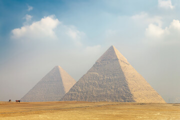 View of the ancient egyptian pyramids of Cheaps (or Khufu) and Khafre in Giza near Cairo, Egypt