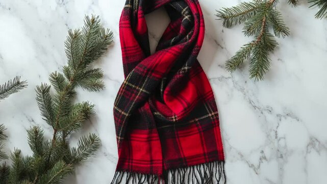 Festive Red Plaid Scarf with Evergreen Branches on Marble Surface