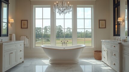 A serene and elegant bathroom with a freestanding tub and large windows overlooking a tranquil landscape in soft afternoon light