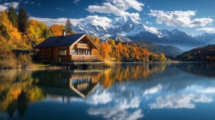 Fototapeta premium Cabin is on the shore of a lake