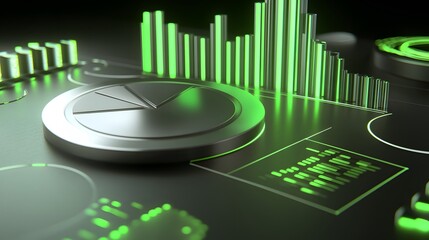 Fototapeta premium Cute isometric 3D image of 3D pie chart and bar chart in realistic metallic silver illuminated by neon green. add floating, transparent charts and circular measurement tools. ensure perfect shapes an
