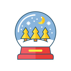 Winter snow globe scene. Festive snow globe with trees, moon, and snowflakes.  Symbolizes winter joy and peaceful nights.