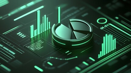 
Cute isometric 3D image of 3D pie chart and bar chart in realistic metallic silver illuminated by neon green. add floating, transparent charts and circular measurement tools. ensure perfect shapes an