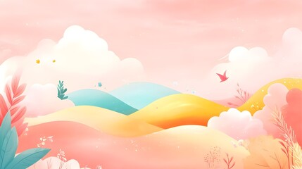 Abstract Pastel Landscape with Bird and Flowers