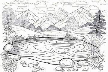 Fototapeta premium coloring page of pristine mountain lake reflecting snow-capped peaks