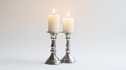 Two candles in silver candlesticks set against a white background representing an evening blessing...