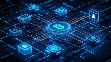 Fototapeta premium Exploring the digital universe of cryptocurrency with interconnected nodes and glowing icons in a futuristic setting