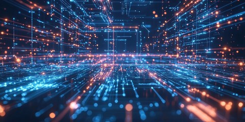 Obraz premium An abstract visualization of AI tech, with glowing data lines, circuits, and holographic displays representing advanced technological integration.