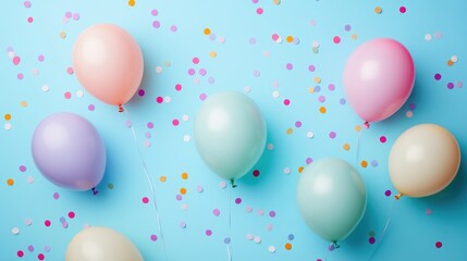 Colorful party background featuring pastel balloons and confetti in a flat lay arrangement