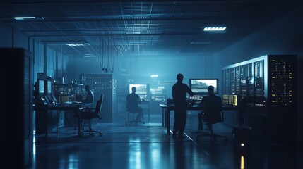 Network engineers configuring and controlling big data processing inside modern server room, performing database administration and system maintenance operations