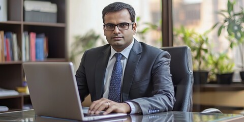 Fototapeta premium An Indian businessman in a formal suit, sitting at a desk with a laptop, appearing focused and professional.