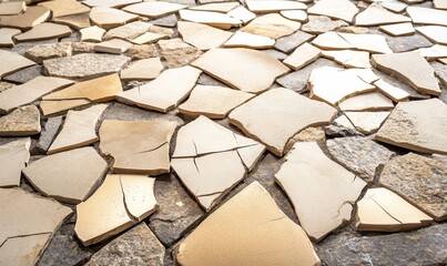 A close-up view of irregularly shaped stone tiles on a surface.