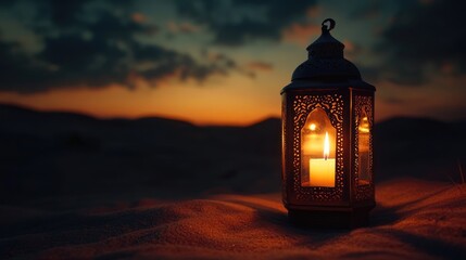 Lantern in a dark desert setting Traditional candle symbolizing a sacred month of fasting in the Muslim culture