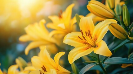 Vibrant close up of yellow lilies in a garden showcasing the beauty of nature and botanical elements