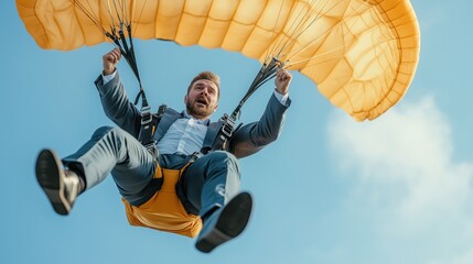 A businessperson wearing a suit is skydiving with a yellow parachute, against a clear blue sky.