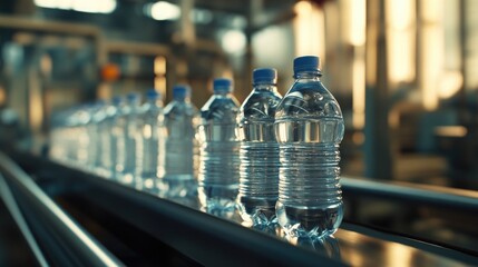 Water bottles moving along a conveyor belt in an industrial environment