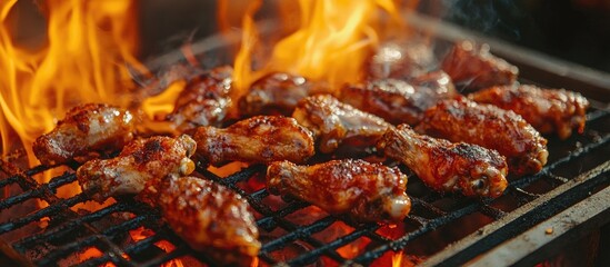 Fried Food Grilled Chicken Wings On The Flaming Grill