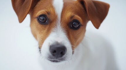 Close up portrait of a Jack Russell Terrier gazing at the camera against a clean white backdrop