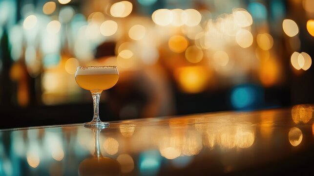 Blurred image of a classic luxury bar counter with a cocktail and bartender featuring a light gold bokeh background and emphasizing beverage themes