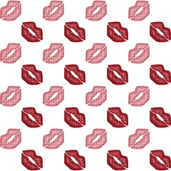 Seamless pattern on the St.Valentine’s day with watercolor dotted red and pink lips prints on the white background. Illustration perfect for textile, fabric, wrapping paper