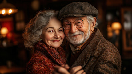 Obraz premium Elderly couple dancing in their living room, nostalgic and heartfelt moment, warm lighting