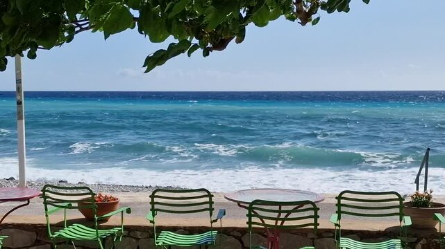 beach cafe  overlooking Argolis bay, Peloponnese, Greece