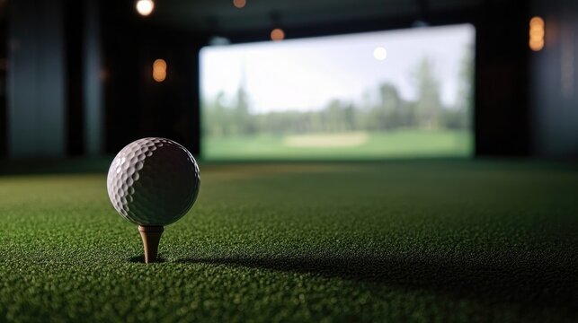 Golf ball resting on tee within a golf simulator environment