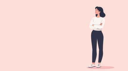 Obraz premium A woman stands confidently with arms crossed against a soft pink background, wearing a casual outfit that radiates a modern and stylish vibe.