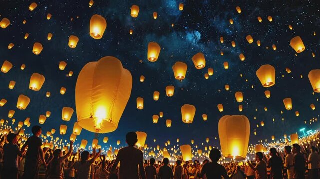 Lantern release at yi peng event, seamless 4K looping virtual video animation background