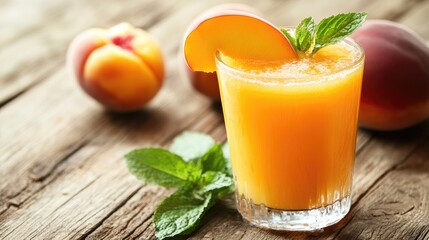 A glass of orange juice garnished with a slice of peach