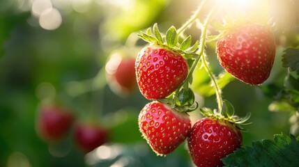 Juicy strawberries growing in a summer garden