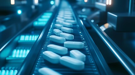 White oblong pills move along a conveyor belt in a pharmaceutical factory, undergoing automated processing in a sterile and controlled environment