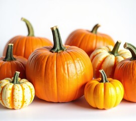 pumpkins different vegetables on white background