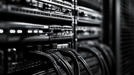 Network cables are connecting to hardware in a server room, creating a complex technological infrastructure for data storage and processing