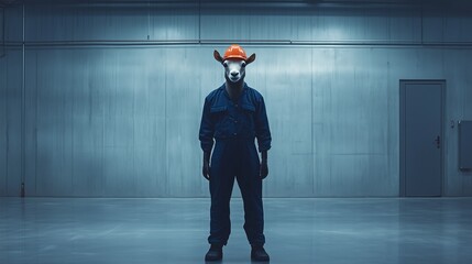 Surreal image of an engineer with a goat head wearing an orange safety helmet and blue overalls standing in a minimalist industrial environment, creating a thought provoking and unusual scene