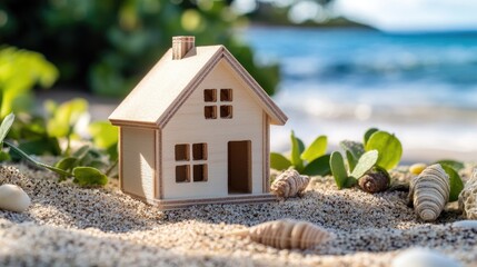 Sustainable family living and business concept in real estate Construction investment cottage rentals and home building by the shore featuring a wooden toy model house by the beach
