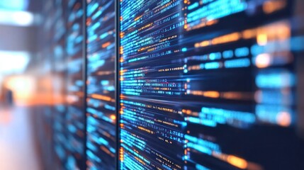 Close-up of binary code and digital data on computer screen. Technology and programming concept for cybersecurity and software development.