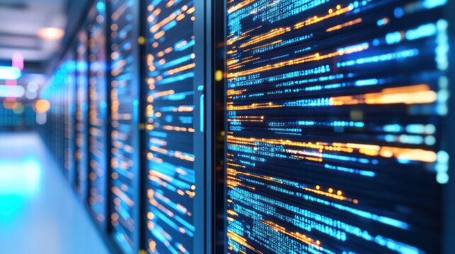 Close-up of binary code and digital data on computer screen. Technology and programming concept for cybersecurity and software development.