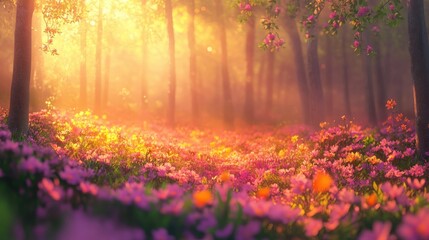 Obraz premium Vibrant floral landscape in a forest highlighted by the soft glow of sunset Gentle blur enhances the scene
