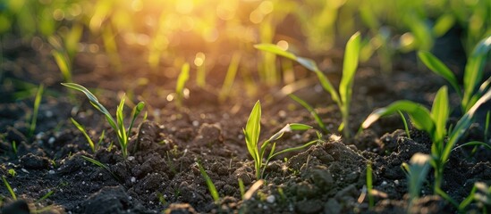 Obraz premium Spring Photography Young Shoots Of Cereals Ripening Wheat Green Shoots Of Photosynthesis Under The Bright Sun Phosphorus And Nitrogen Fertilizers Introduced